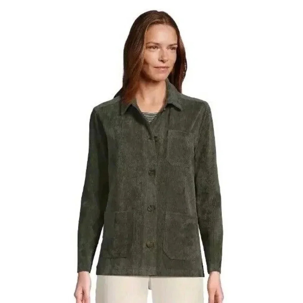 Lands End Corduroy Sport Chore Jacket Olive Green Button Down Size Medium